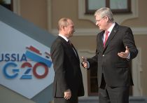Церемония встречи В. Путиным участников саммита "Группы двадцати" Владимир Путин и премьер-министр Канады Стивен Харпер