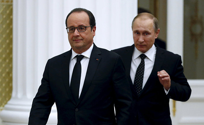 Президент России Владимир Путин и президент Франции Франсуа Олланд на пресс-конференции по итогам встречи в Кремле