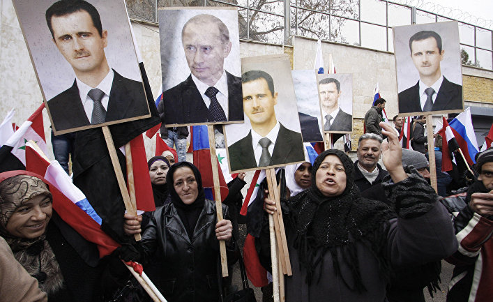 Портреты Владимира Путина и Башара Асада на акции в Дамаске