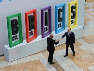 Президент Российской Федерации Владимир Путин и Президент Южно-Африканской Республики Джейкоб Зума на церемонии приветствия лидеров БРИКС