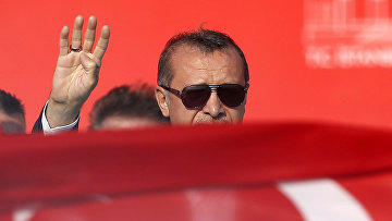 Президент Турции Реджеп Тайип Эрдоган во время митинга «Демократия и мученики» в Стамбуле