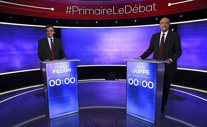 Дебаты французских политиков Алена Жюппе и Франсуа Фийона в Париже