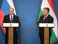 Президент РФ Владимир Путин и премьер-министр Венгрии Виктор Орбан во время совместной пресс-конференции по итогам встречи в Будапеште. 2 февраля 2017 года