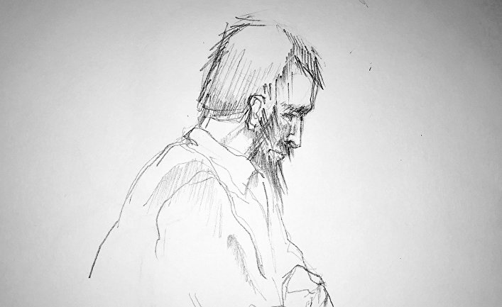 Эскиз рисунка Рахмата Акилова в зале суда во время судебного процесса в стокгольмском суде