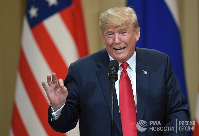 Президент США Дональд Трамп на совместной с президентом РФ Владимиром Путиным пресс-конференции