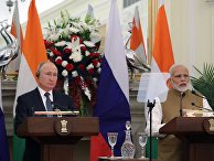 Президент РФ Владимир Путин и премьер-министр Республики Индии Нарендра Моди во время заявления для СМИ по итогам российско-индийских переговоров в Нью-Дели. 5 октября 2018