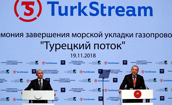 Президент России Владимир Путин и президент Турции Реджеп Тайип Эрдоган на церемонии, посвященной завершению строительства морской части газопровода TurkStream