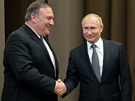 Президент РФ Владимир Путин и госсекретарь США Майк Помпео (слева) во время встречи в Сочи. Президент РФ Владимир Путин и госсекретарь США Майк Помпео (слева) во время встречи в Сочи.