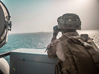 Американский военный смотрит в бинокль на корабль в Ормузском проливе Американский военный смотрит в бинокль на корабль в Ормузском проливе