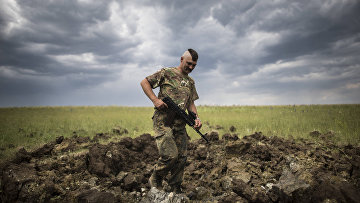 Украинский военный осматривает кратер от ракеты "Град" в деревне Тошковка Луганской области