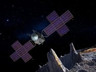 Космический корабль НАСА изучает астероид Психея в представлении художника Космический корабль НАСА изучает астероид Психея в представлении художника